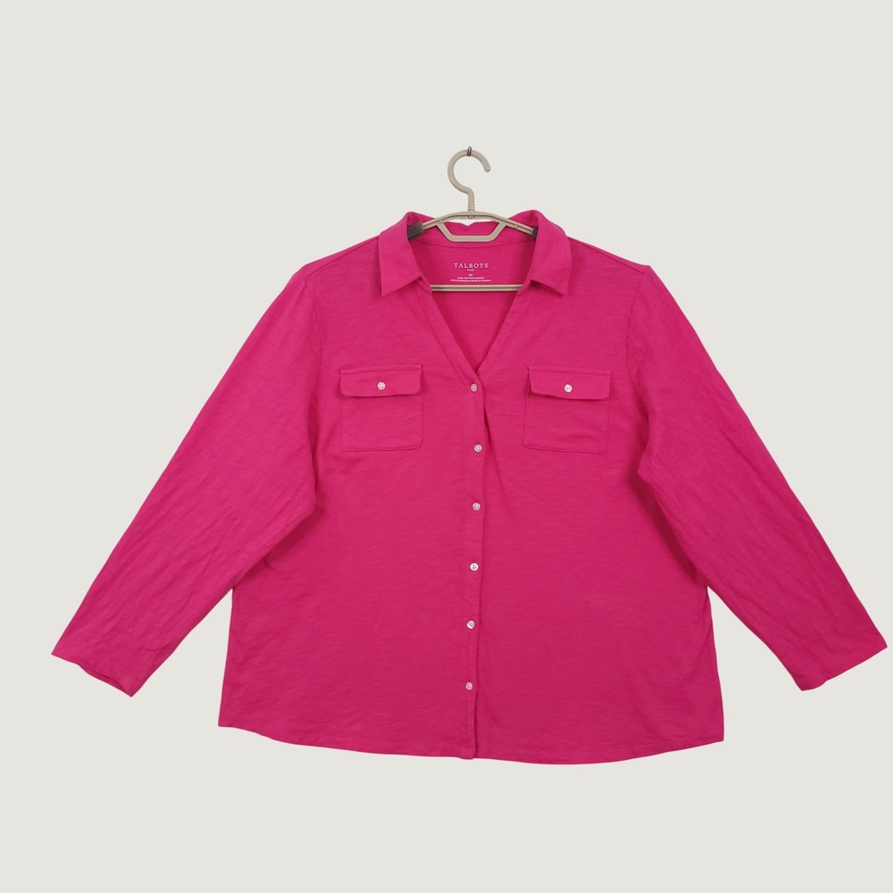 Talbots Top Shirt Pink 2X Long Sleeve Button Up Cotton Preppy Casual Minimalist